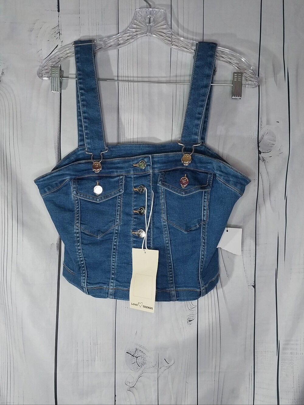 Love Trends Button-Front Denim Bustier Y2K Festival Edgy Crop Overalls Top NWT